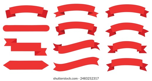 Ribbon, banner or tag vector art set. Flat red color.
