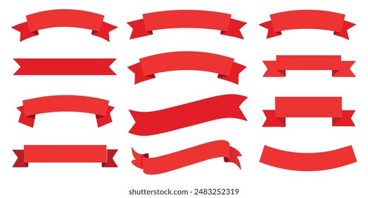 Ribbon, banner or tag vector art set. Flat red color.
