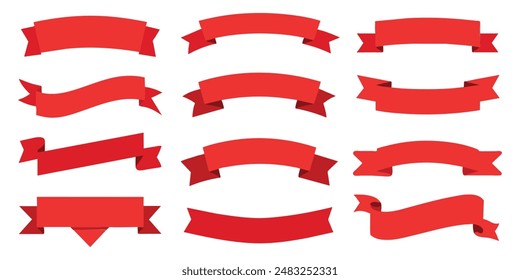 Ribbon, banner or tag vector art set. Flat red color.
