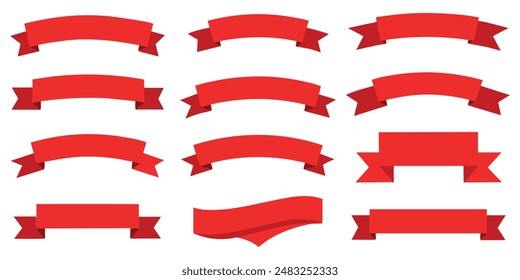 Ribbon, banner or tag vector art set. Flat red color.
