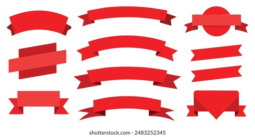 Ribbon, banner or tag vector art set. Flat red color.
