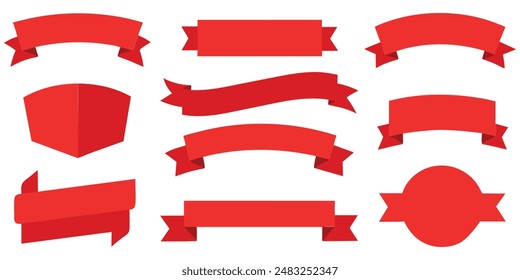 Ribbon, banner or tag vector art set. Flat red color.
