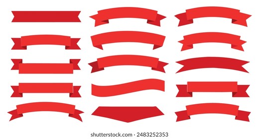 Ribbon, banner or tag vector art set. Flat red color.
