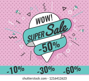 Ribbon banner with text Big, mega sale, Super. for emotion and motivation. Retro hand-drawn design elements for sale theme, shop, market. Poster in pop art style on dot background.