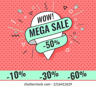 Ribbon banner with text Big, mega sale, Super. for emotion and motivation. Retro hand-drawn design elements for sale theme, shop, market. Poster in pop art style on dot background.