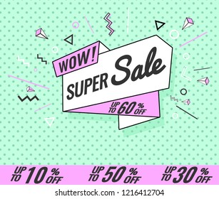 Ribbon banner with text Big, mega sale, Super. for emotion and motivation. Retro hand-drawn design elements for sale theme, shop, market. Poster in pop art style on dot background.