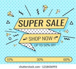 Ribbon banner with text Big, mega sale, Super. for emotion and motivation. Retro hand-drawn design elements for sale theme, shop, market. Poster in pop art style on dot background.