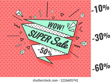 Ribbon banner with text Big, mega sale, Super. for emotion and motivation. Retro hand-drawn design elements for sale theme, shop, market. Poster in pop art style on dot background.