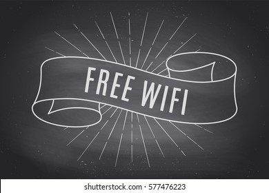Bannière ruban avec texte WiFi gratuit pour café, restaurant, bar, zone libre wi-fi. Elément de design dessiné à la main rétro pour bannière, publicité, affiche sur le web, thème Internet, style pop-art. Illustration vectorielle