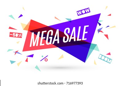 Ribbon banner with text Mega Sale for discount and promotion. Colorful sticker, banner for sale, shopping, market, business theme. Geometric design elements for flyer, poster. Vector Illustration