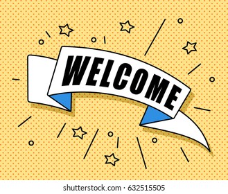 Ribbon banner with text Welcome for emotion on dot colorful background. Vector Illustration