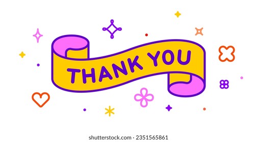 Ribbon and banner Thank You. Greeting card with ribbon and word Thank You. Trendy barbie style barbiecore ribbon banner for card with text thank you on colorful yellow background. Vector Illustration