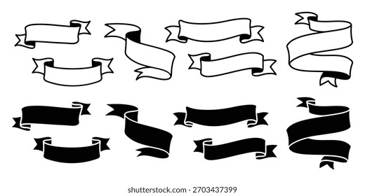 Colección de Vector de Anuncio de cinta con estilos rellenos y delineados en blanco y negro. Ilustración vectorial editable para Diseño gráfico, Anuncio de título, maquetación y decoración