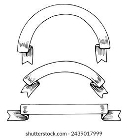 Ribbon Banner vector Set. Black line art drawing of old scroll. Outline illustration of vintage label of half round and straight shape. Hand drawn clipart bundle. Linear sketch on white background