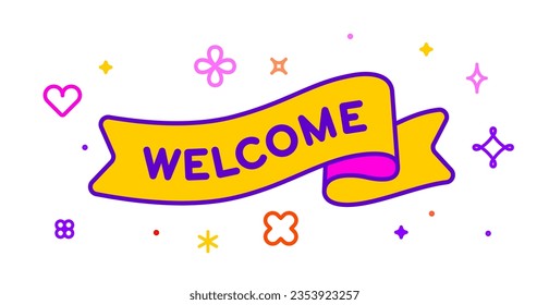 Ribbon and banner Welcome. Greeting card with ribbon and word Welcome. Trendy barbie style barbiecore ribbon banner for card with text welcome on colorful yellow background. Vector Illustration