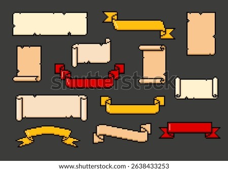 Ribbon banners, ancient parchment roll, old paper blank scroll different colors pixel art. Cartoon vintage tape frames vector set. Digital 8 bit papyrus document with black squared contour