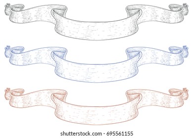 Ribbon banners. Colored set of scrolls. Hand drawn sketch. Vector illustration isolated on white background