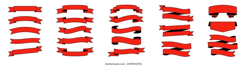 Ribbon Banners in different shape and red color. Set of colourful Ribbons Banners. Vintage ribbon elements. 
