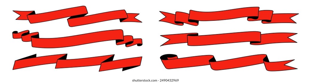 Anuncios de cinta de diferentes formas y colores rojos. Conjunto de coloridos Anuncios Ribbons. Elementos de cinta de Antiguas. 

