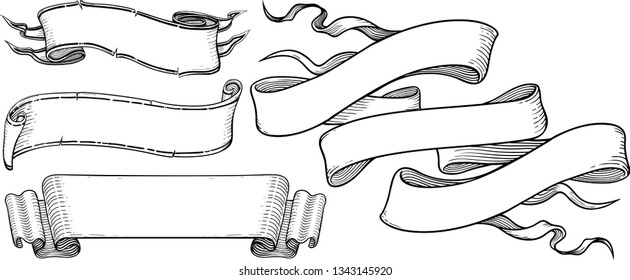 ribbon banners engravin style. Isolated on white background