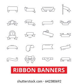 Ribbon banners, frame, label, tag, bow, vintage design trophy, template awards line icons. Editable strokes. Flat design vector illustration symbol concept. Linear signs isolated on white background