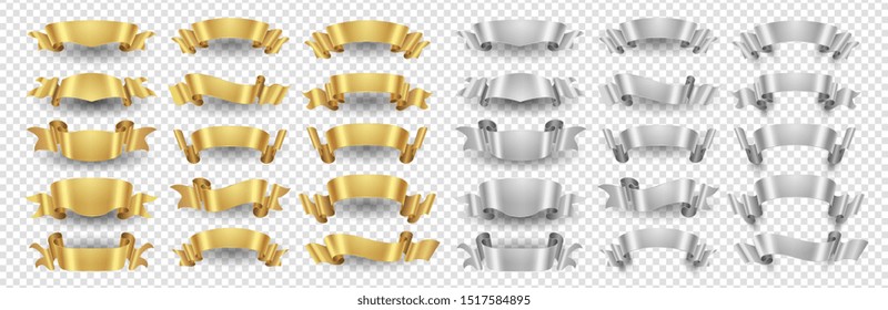 Ribbon banners. Gold silver ribbons vector set. Metallic banners isolated on transparent background