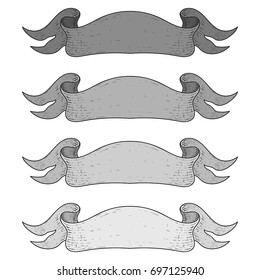 Ribbon banners. Gray set of scrolls. Hand drawn sketch. Vector illustration isolated on white background