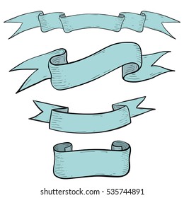 Ribbon banners. Hand drawn blue sketch. Vector illustration isolated on white background.