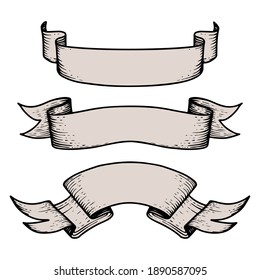   Ribbon Banners. Hand Drawn Sketch Elements For Posters Logos Invitation Cards, Retro Heraldic Ribbons. Vintage Vector.