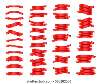 Ribbon banners isolated on white background. Collection of red shiny tape. Vector Illustration.