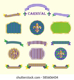 Ribbon and banners, label, ribbon bow tie, frames, vintage border, garland, pattern with fleur-de-lis carnival symbol set for Mardi Gras Carnival Festival, Masquerade Decoration. Set Vintage vector