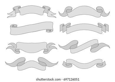 Ribbon banners. Large collection of gray scrolls. Hand drawn sketch. Vector illustration isolated on white background