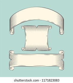 Ribbon banners monochrome sketches outline icons set. Torn edges of empty flags bands. Hand drawn stripes designed for text sample isolated on vector