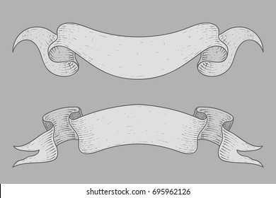 Ribbon banners on gray background. Hand drawn sketch. Vector illustration