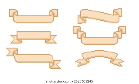 Ribbon banners pixel art Y2K vector set. Cartoon vintage tape frame blanks with squared contour. Retro decorative sticker for promotion design digital 8 bit style