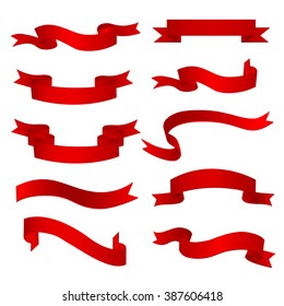 Ribbon banners. Set of ten realistic red ribbons. Ribbon elements. Ribbon label set. Vector illustration, eps 10