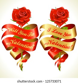 Ribbon banners in the shape of heart and red rose. Valentine's Day Card 7