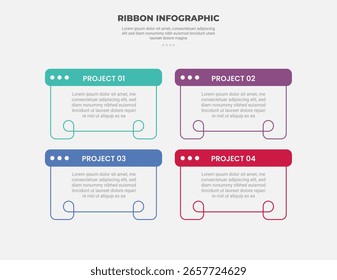 Estilo de contorno de infografía de forma de base de cinta con Plantilla de 4 puntos con mesa de caja con insignia de encabezado redondo para Vector de presentación de diapositivas