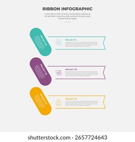 ribbon base shape infographic outline style with 3 point template with creative rectangle box with round capsule badge on side for slide presentation vector