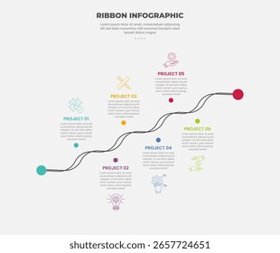 Estilo de contorno de infografía de forma de base de cinta con Plantilla de 6 puntos con crecimiento de gráfico de progresión de doble línea para Vector de presentación de diapositivas