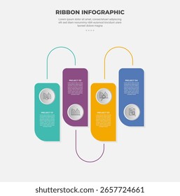 Estilo de contorno de infografía de forma de base de cinta con Plantilla de 4 puntos con caja de cinta plana hacia arriba y hacia abajo con conexión de línea para Vector de presentación de diapositivas