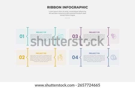 ribbon base shape infographic outline style with 4 point template with transparent box with vertical line divider for slide presentation vector