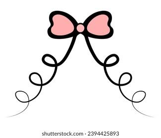The ribbon is beautifully tied. Pink decorative bow with threads in the form of a spiral. Decoration for gift, surprise, bouquet with ribbons. knot. Color vector illustration. Cartoon style. 