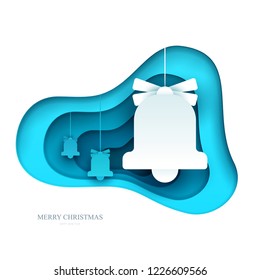 Ribbon bells in paper cut trendy craft cartoon style. Christmas, new year modern design for advertising, branding background greeting card, cover, poster, banner. Vector illustration.