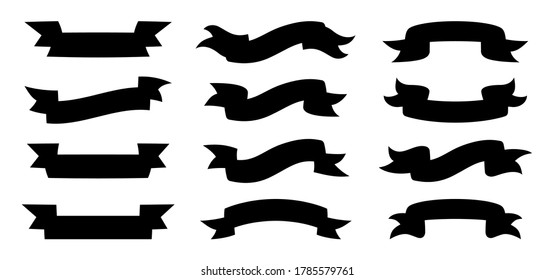 Ribbon black silhouette set. Decorative icons, monochrome tape collection. Design for greeting cards, banners invitations. Silhouette ribbons. Web icon kit of text banner. Isolated vector illustration