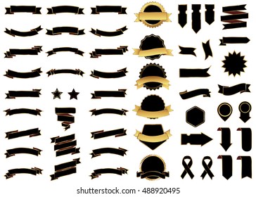 Ribbon black vector icon on white background. Banner isolated shapes illustration of gift and accessory. Christmas sticker and decoration for app and web. Label, badge and borders collection.