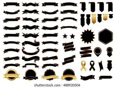 Ribbon black vector icon on white background. Banner isolated shapes illustration of gift and accessory. Christmas sticker and decoration for app and web. Label, badge and borders collection.