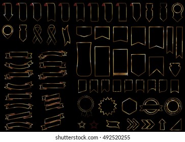 Ribbon black vector icon on black background. Banner isolated shapes illustration of gift and accessory. Christmas sticker and decoration for app and web. Label, badge and borders collection.