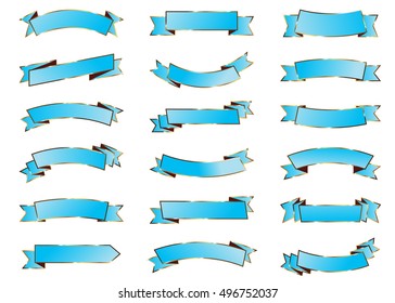 Ribbon blue vector icon on white background. Banner isolated shapes illustration of gift and accessory. Christmas sticker and decoration for app and web. Label, badge and borders collection.