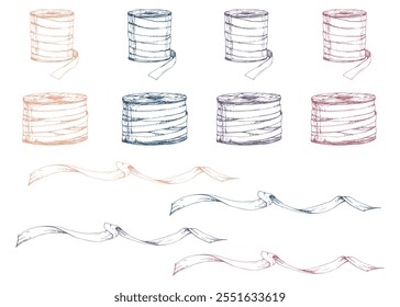 Ribbon bobbins fabric strap streamer serpentine. Hand drawn ink vector illustration sewing craft embroidery supplies. Set of isolated objects on white background. Design atelier, tailor, hobby shop